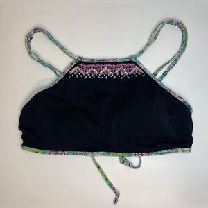 Victoria's Secret Y2K Bikini High Neck Black Embroidered Strappy Swim Top Size M